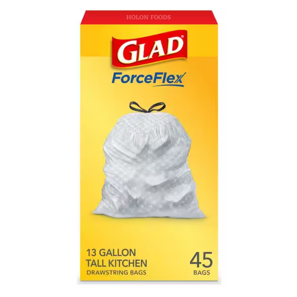 Glad ForceFlex Tall Kitchen Drawstring 13 Gallons Trash Bags 45 ct